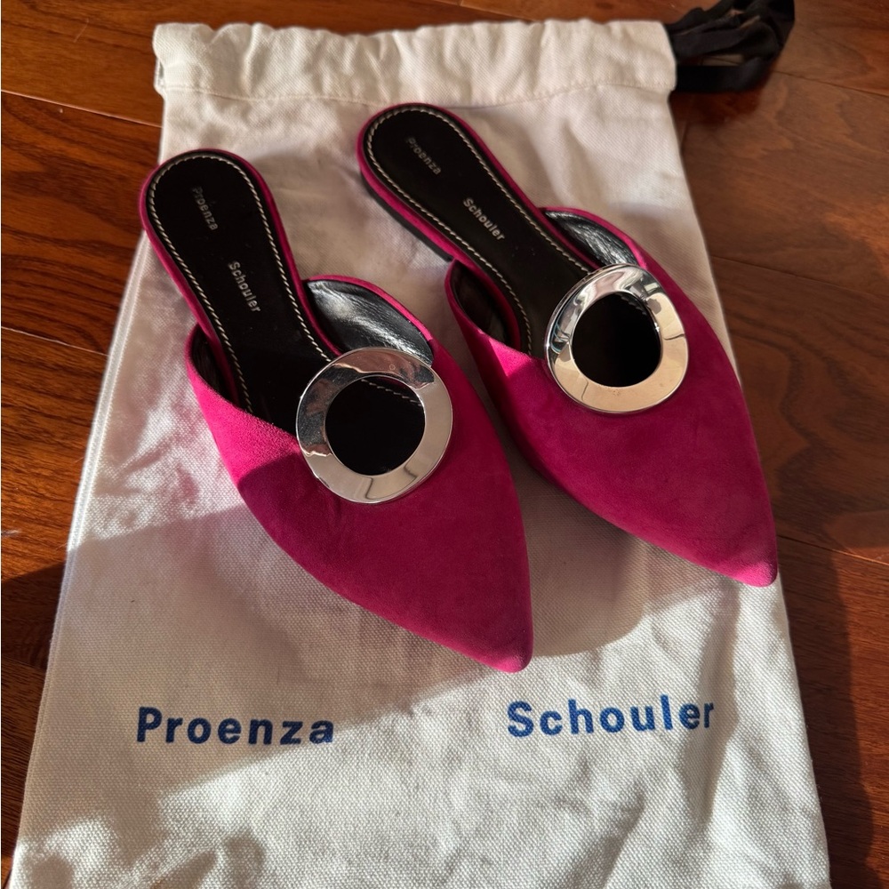 Proenza Schouler pink suede pointer mules, size 37 (US 7)